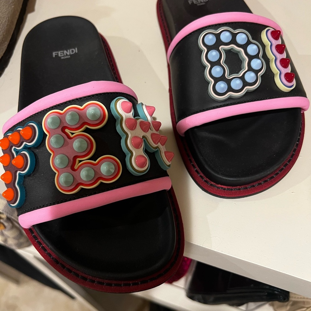 Rare Authentic Fendi Studded Multicolor Accent Slides